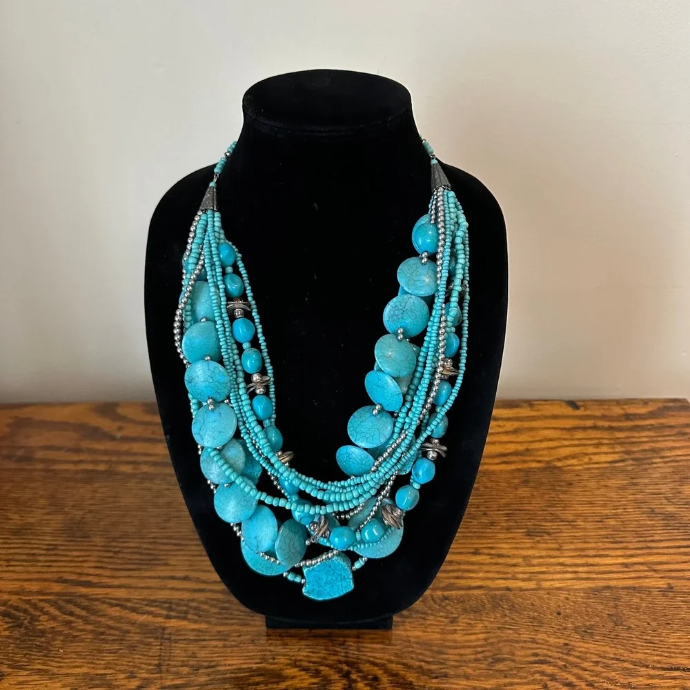 Chicos Multi Strand Turquoise Bead Statement Necklace Silver Tone Southwestern